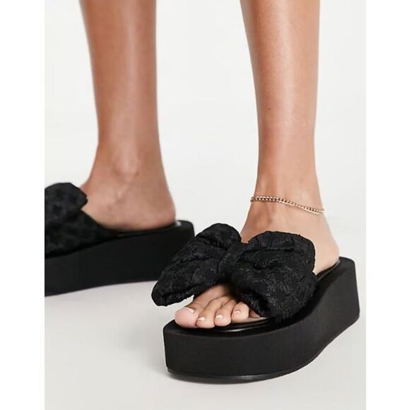 ASOS Design Women’s Teach Black Large Jacquard Bow Flatform Open Toe Mules - Picture 1 of 9